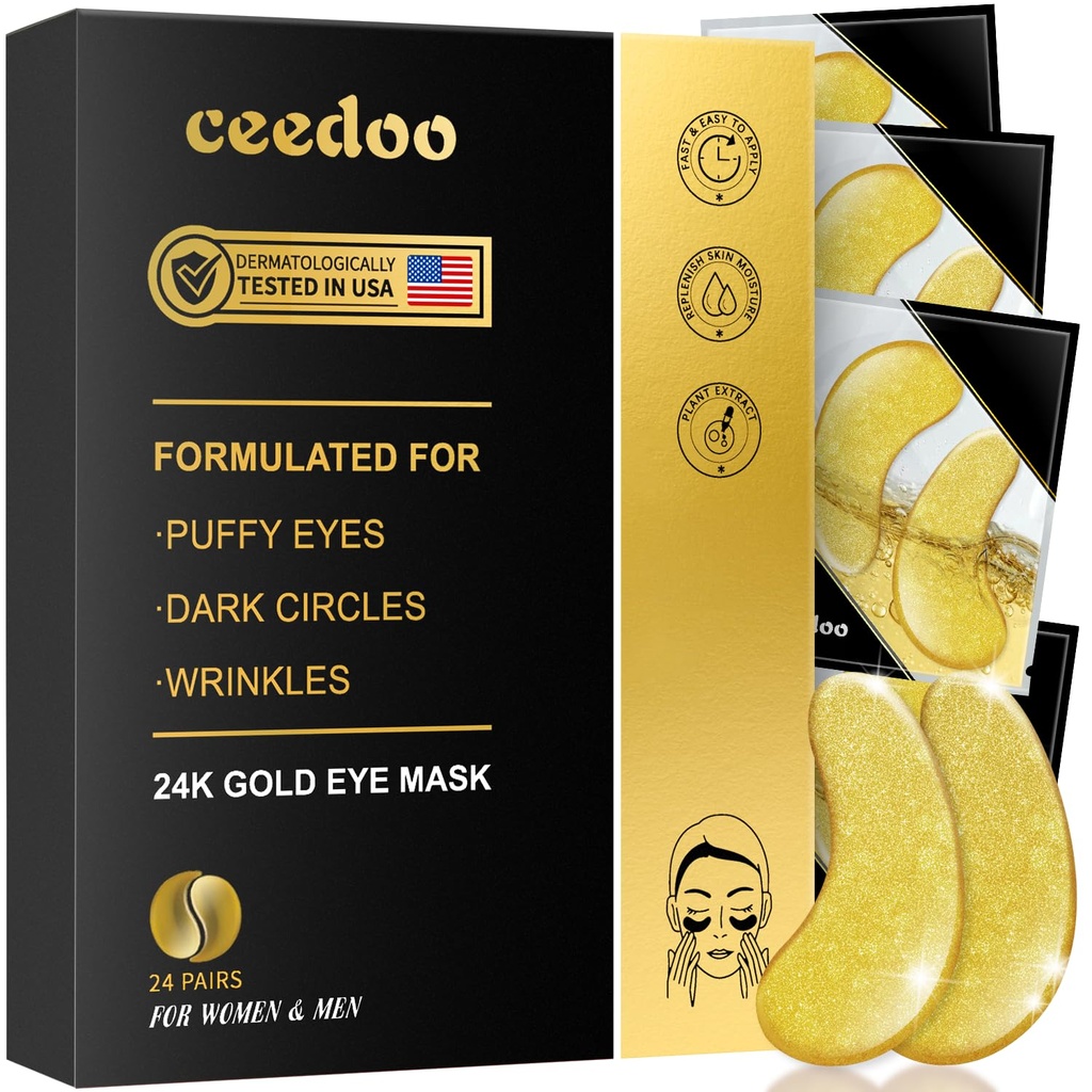 Pod očními záplatami - 24 párů zlata pod očními maskami pro puffy oči, tmavé kruhy, oční tašky, vrásky, kolagen oční gely s omlazující léčbu, dárky pro ženy