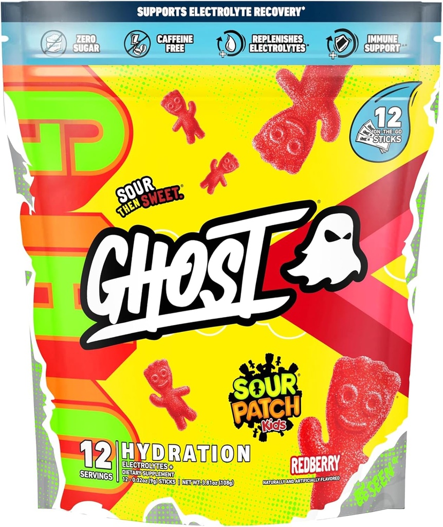 GHOST Hydratační balíčky, Sur Patch Kids Redberry, 12 Sticks, Electrolyte Powder - Nápoj Mix s hořčík, draslík, vápník, vitamín C - Vegan, bez soli, cukr a gluten