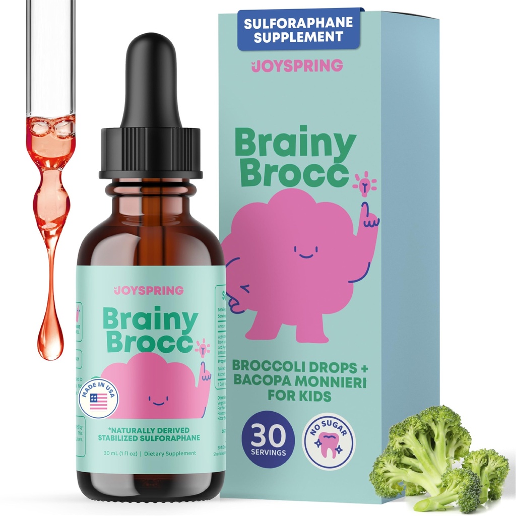 JoySpring Brokolice dodatek pro děti 124; Sulforaphane & Bacopa Monnieri kapky 124; podporuje kognitivní funkce 124; Vegan & Kid- Friendly