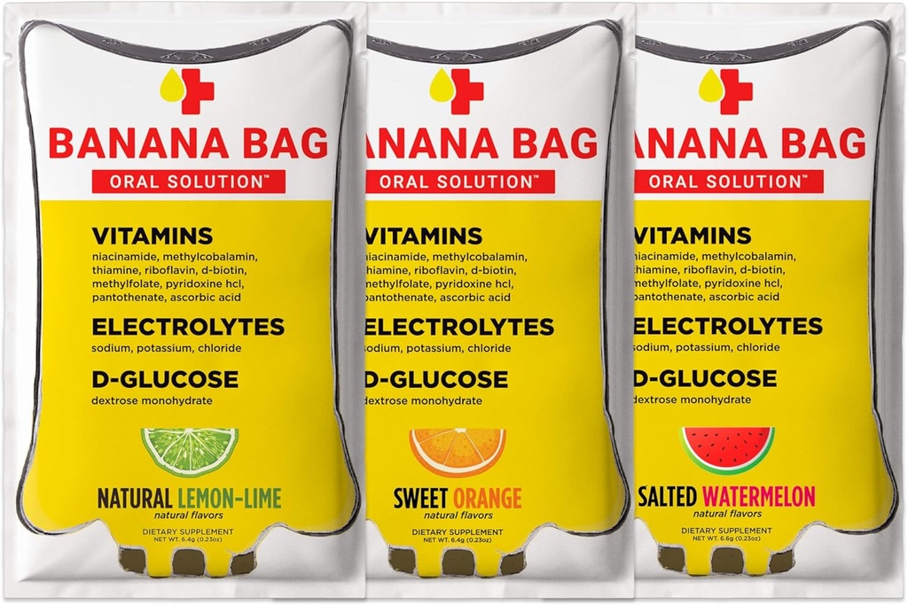 Banana Bag perorální řešení balíčky - Variety Pack 30pk OR 124; Osvěžující směs elektrolytů, vitaminu C, a B-Complex Oral Solution Packets - Variety Pack 30pk Oral 124; Osvěžující směs elektrolytů, vitaminu C, a B-Complex Oral Solution 124; Vyrobeno pro hydrataci a Daily Boost Kdykoliv - doma, Práce, nebo na cestách