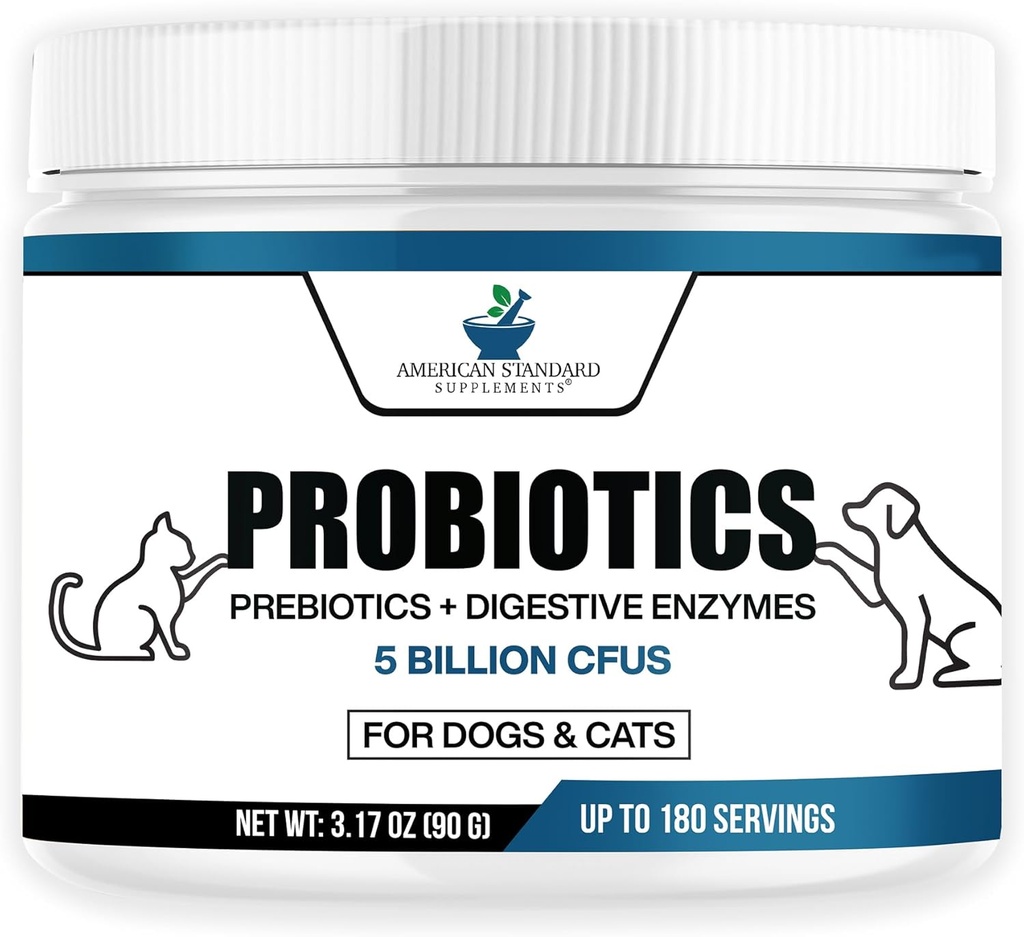 Americké standardní doplňky Probiotika pro psy a kočky s prebiotiky a trávicí enzymy, 5 miliard CFU, 9 úsek, 3.17oz (90g), 180 Servings - Dog & Cat Probiotika pro Gut zdraví a stravení