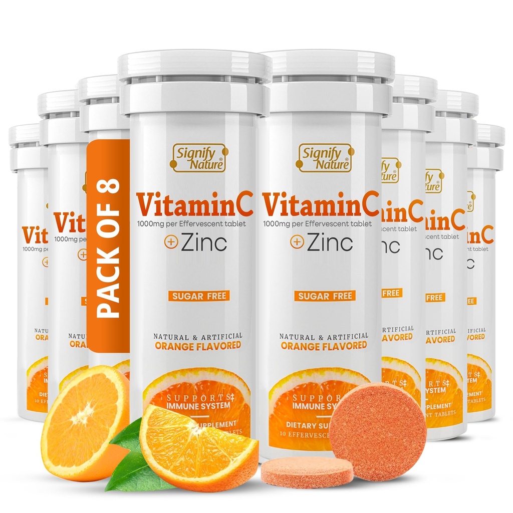 SIGNIFY NATURE Vitamin C 1000mg Effervescent Tablety - Potenciální imunitní podpora VIT C s doplňkem zinku - Sugar- Free & Vegan Formule Sezóna 124; Rozpustné Vitamin C Tablety - Voda rozpustný Fizzy Elixir - 80CT