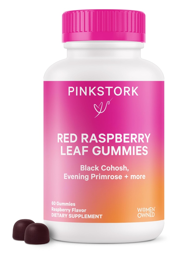 Pink Stork Red Raspberry Leaf Gummies - Třetí Trimester Labor Prep + Postpartum Mood Essentials with Evening Primrose Oil + Black Cohosh - 60 Vegan Gummy doplňky, Non- GMO