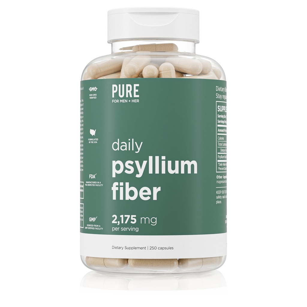 Pure for Men Daily Psylium Husk Fiber Supplement Pure for Her CLAS124; Digestive Regularity & Gut Health Support CLAS124; Soluble Fiber Powder, 2,175mg Per Serving CLAS124; 250 Kapsle