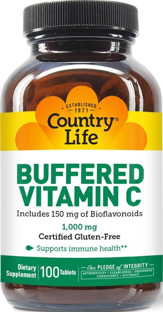 Country Life Buffered Vitamin C 1000mg s bioflavonoidy, vápník, hořčík, draslík - imunitní podpora, Vegan Kapsle, gluten- Free, Gentle on Stomach - 100 Tablety