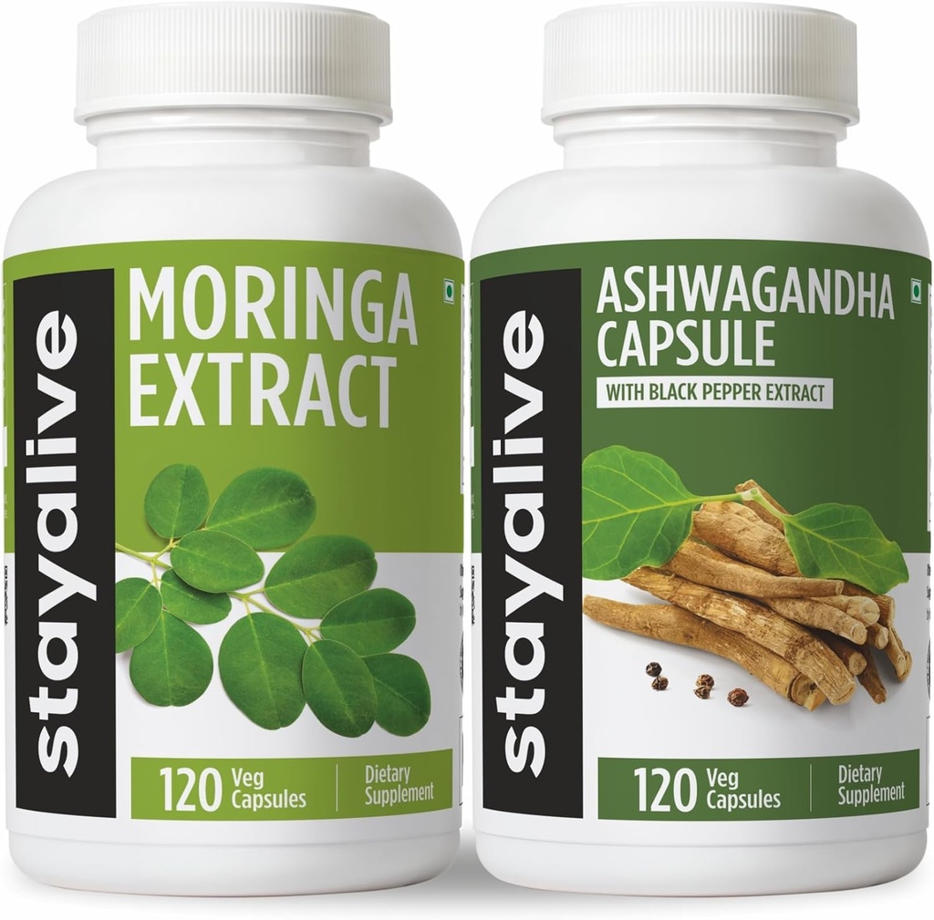 STAY ALIVE Moringa a Ashwagandha Bundle w / Black Pepper Extract, 240 Vegan pilulky, Non-GMO & gluten Free Ashwagandha Moringa dodatek 2 Pack