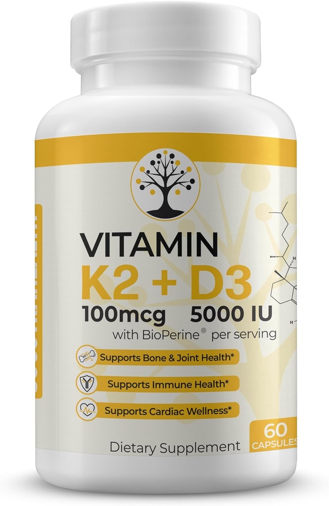 Vitamin D3 K2 dodatek, 5000 IU - Podporuje imunitní a srdeční wellness, vysoký potenciál, bezlepkové, 60 kapslí