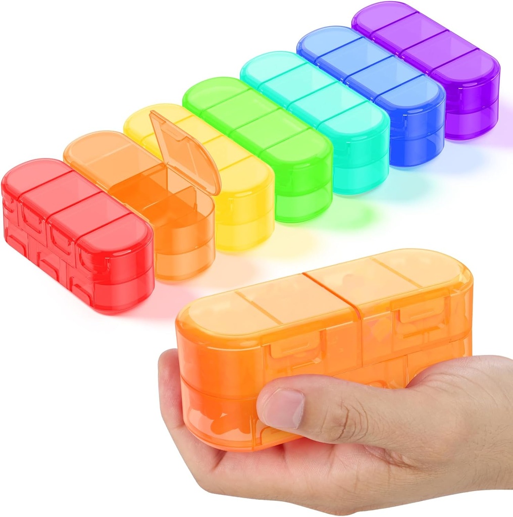 Family Pack Weekly (7 dní) Travel Pill Organizér, 2 / 3 / 4 krát denně, Double-Sided otevření Design, Přenosný Pill Box pro ukládání léků / Vitamíny / Rybí oleje (7 Rainbow Variable Grids)