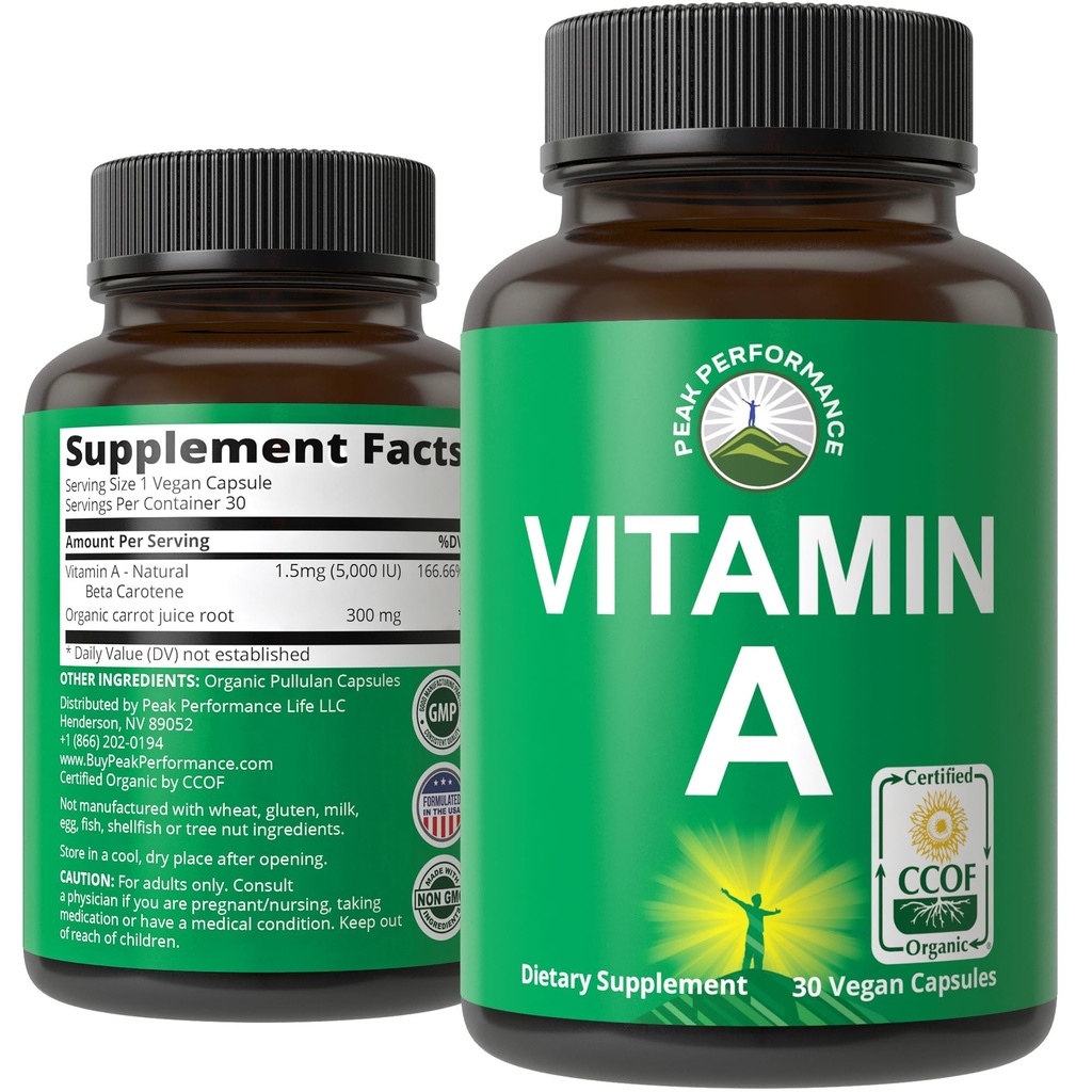 Certified Organic Vitamin A 5000 IU Doplněk Kapsle Vysoká potence Vitamíny pro dospělé, muže, ženy, děti. Vyrobeno z organické mrkvové šťávy. Skvělé pro Imunitu, kůži, oční podporu. NeGMO, Veganské pilulky