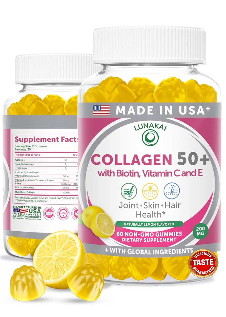 Lunakai USA Made Collagen Gummies pro ženy a muže nad 50, Biotin & Vitamin C, Podporuje pokožku elasticita, Vlasy & Nail Síla, Společná podpora, 60ct
