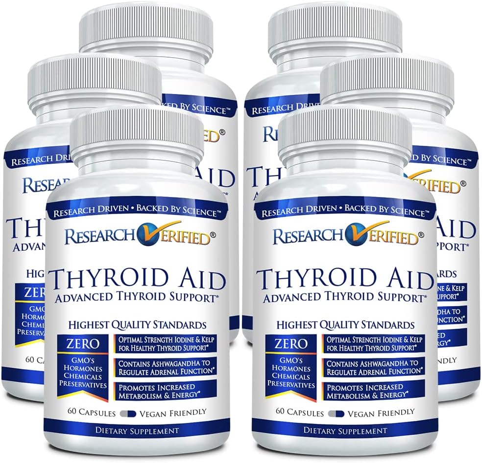 Research Verified ® Tyreorid Aid - Optimální funkce štítné žlázy s jódem, měď & zinek - 260 mcg Selen - 100% čisté - Vegan Friendly - 60 Kapsle per Lahvička - 6 Lahvičky