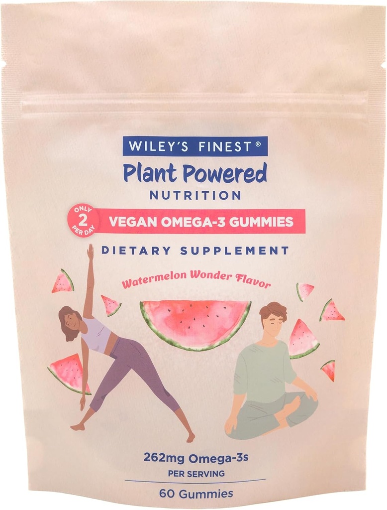 Wiley 's Finest Vegan Omega33 Gummies - Natural Sugar - Vegetarian Dha, Ala & Sda - Gluten Free - Vodní meloun Flavor, 60 Gummies