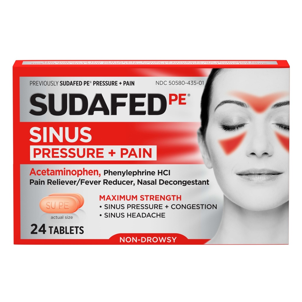 Sudafed PE Sinus Tlak + Bolest Relief Tablety, Maximální síla, Non- Drowsy, OTC Sinus Relief Medicine s Acetaminofen Pain Reliever & Fenylefrin HCl Nasal Decongestant, 24 ct