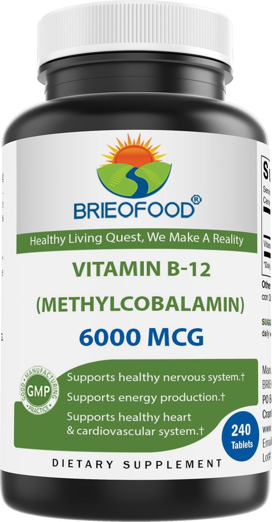 Brieofood Vitamin B- 12 (Methycobalamin) 6000 mcg- 240 tablet. Non- GMO, a gluten zdarma