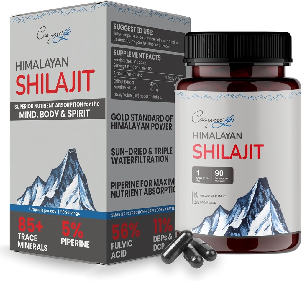 cosynee Himalayan Shilajit - Shilajit Kapsle, Shilajit pro muže, Shilajit pro ženy, 56% Fulvic Acid & 5% Piperine, 90 Caps