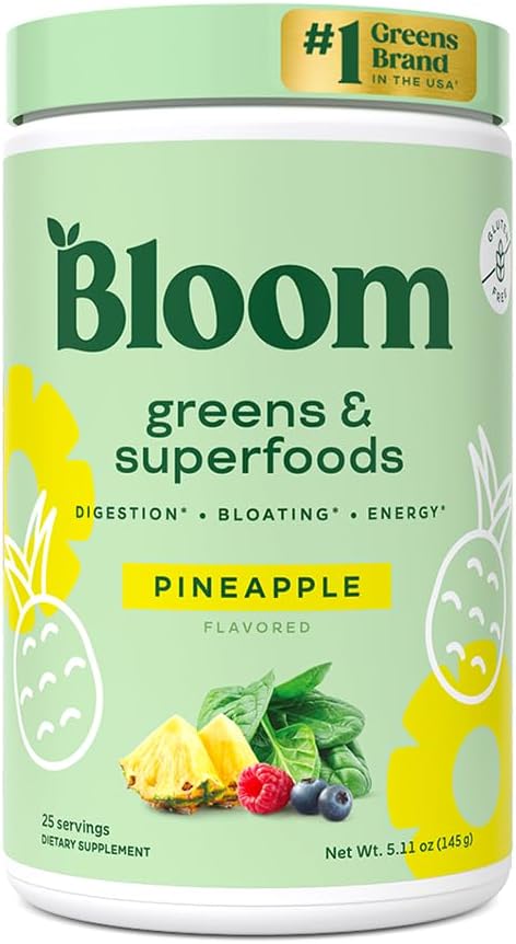 Bloom Nutrition Superfood Green Powder, trávicí enzymy s probiotika a prebiotika, Gut Health, Bloating Relief pro ženy, Chlorella, Green Juice Mix s řepou kořenový prášek, 25 SVG, Ananas
