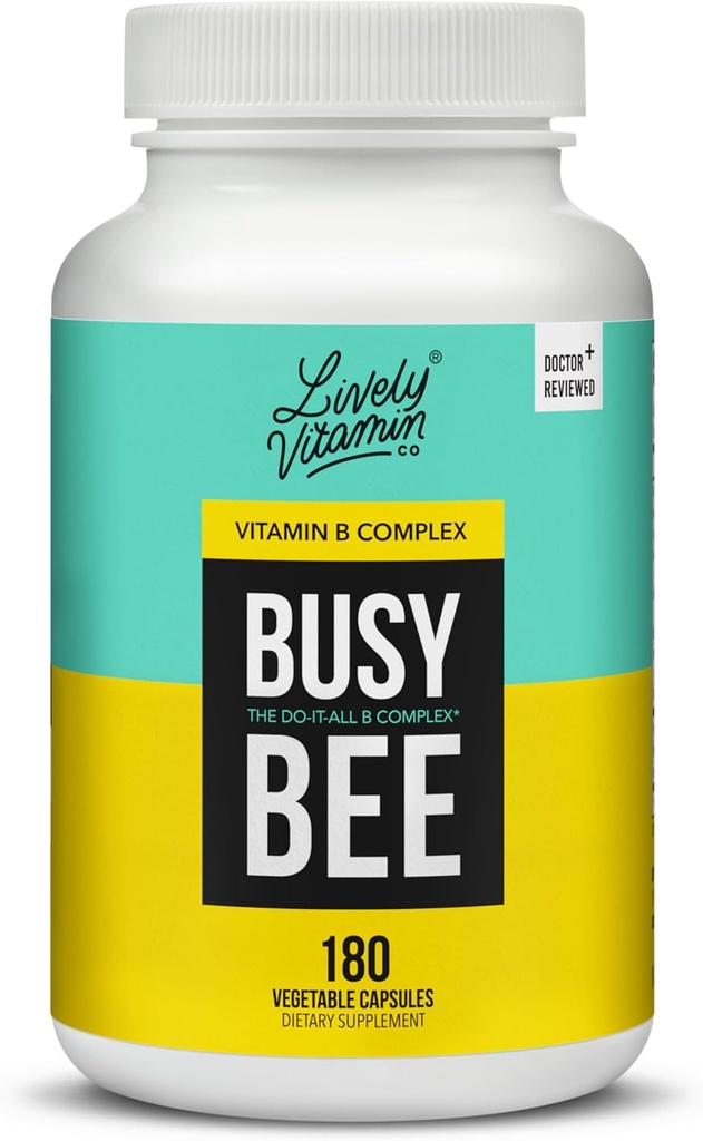 LIVELY VITAMIN CO. Busy Bee - Vysoce biologicky dostupný vitamin B komplex s Choline - Energie - Stres - Mozková mlha - Duševní Clarity - Oxidativní poškození - Mléčné Soy gluten zdarma - 180 Vegan Kapsle