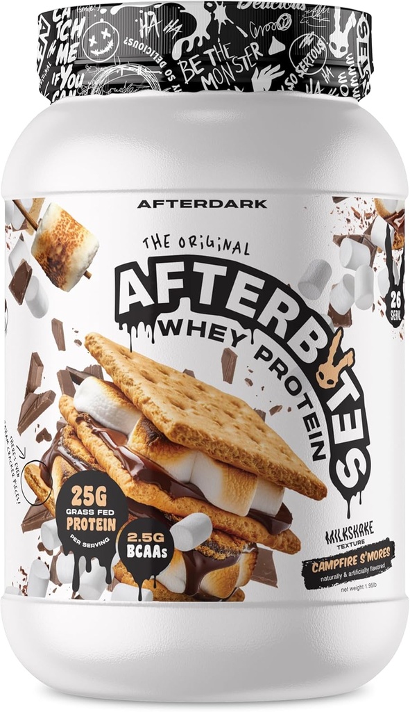 AFTERDARK AfterBites Whey Protein Powder, 25g Protein, 4.5g BCAA 's, Easy Disolving, No Umělé barvy nebo Filler, Izolát Protein, USA Made, 26 Servings, Campfire Smores