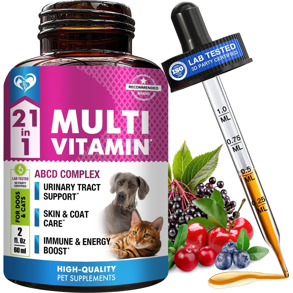 Cat & Dog Multivitamin Liquid with Glucosamine & Cranberry Cranberry 124; 15 in 1 Zdravotní doplňky pro močové trakt Ledviny, močové měchýře, Hip & Joint, Skin & Coat I124; Přírodní UTI medicína Made in USA (60 ml)
