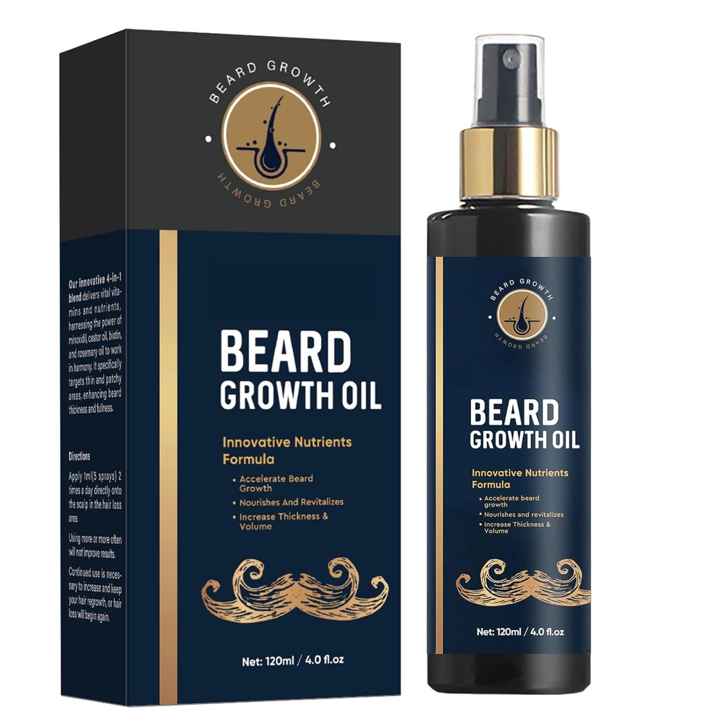 Vousatý olej pro muže, 5% Vousatý růstový olej pro tlustší a Fuller Beard, Podpora růstu vlasů obličeje, s Biotin, Rosemary a Castor Beard olej pro muže růst, 4 Fl Oz