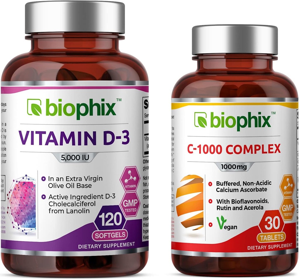biophix Vitamin D-3 5000 IU 120 Softgels - Volný vitamín C- 1000 30 Tablet - Vysoký potenciál v extra panenský olivový olej Non- GMO Soy- Volný podporuje silné kosti imunitní zdraví