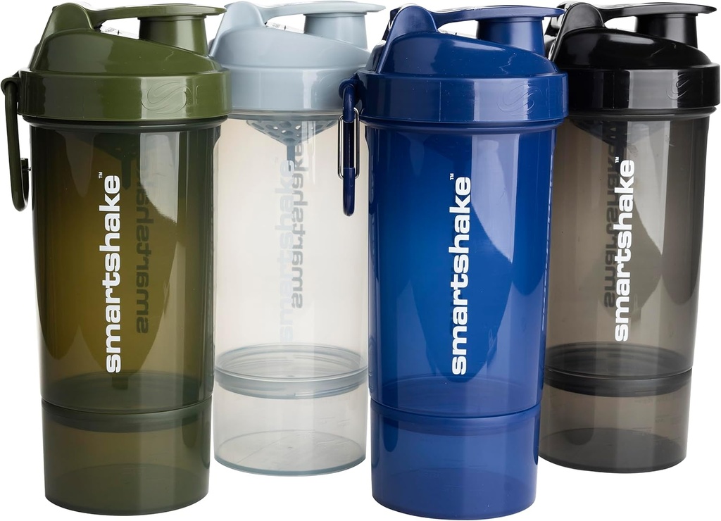 Smartshake O2GO ONE 4-Pack Protein Shaker Bottle 800 ml OF 124; 27 oz - Storage Cover - Property Screw-on Lid - BPA Free - Unisex - Mist Gray, Army Green, Black, Navy Blue