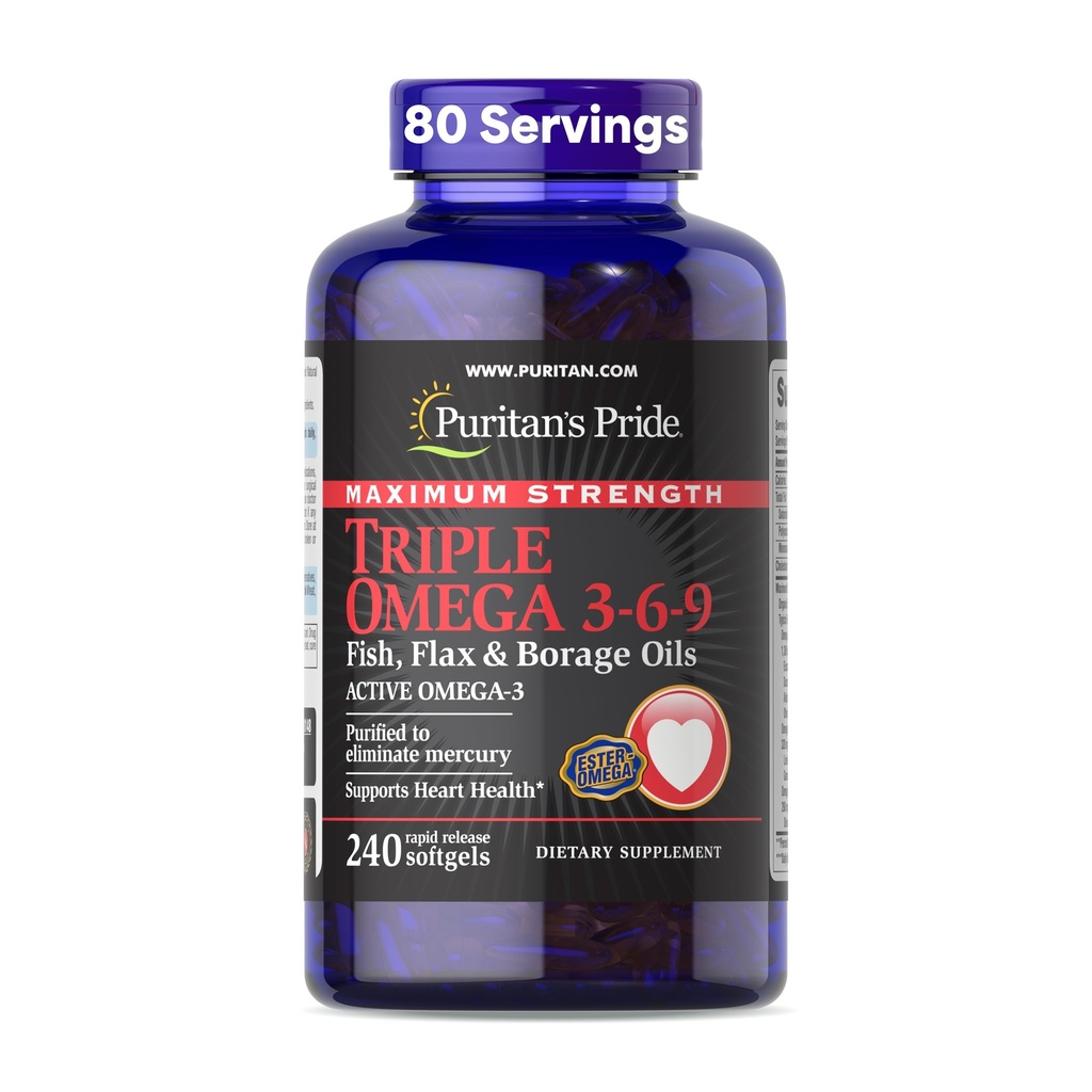 Puritan je Pride Premium Maximální síla Triple Active Omega 3-6-9 Ryby, Flax, a Brutální oleje, Dietní dodatek pro srdce, kloub, a Cellular Health Support, 240 Rychlé uvolnění Softgels