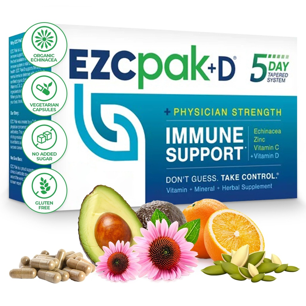 EZC Pak 5- den imunní systém Booster s Echinacea, Vitamin C, Zinek a vitamín D - Tapetovaný doplněk imunitní podpory pro dospělé - Podporuje imunitu, snadné cestování - Supplement Pack