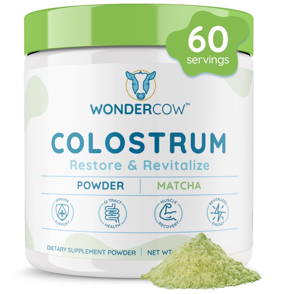 WONDERCOW Colostrum dodatek Prášek pro Gut Zdraví, Imunitní podpora, Muscle Recovery & Wellness 124; Přírodní IgG Čisté celé hovězí Colostrum Superfood, Matcha, 60 Služební