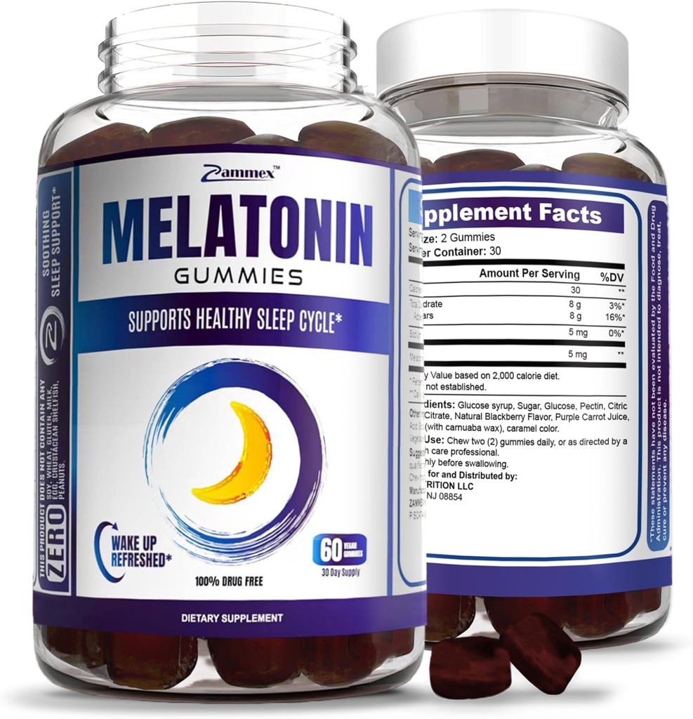 Zammex Melatonin Gummies 5mg PHARMAN 124; 60 Count GARMAN 124; Sleep Supplement for Adult 124; Drog Free Sleep Aid Gummy 124; Natural Berry Flavor Gluten 124; Vegan, Non- GMO, Gluten Free
