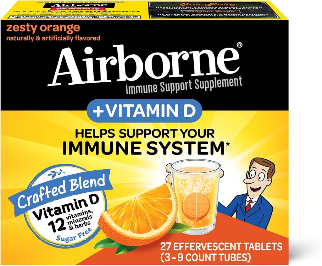 Airborne 750mg vitamin C se zinkem Effervescent tablety, Imunitní Supplement s účinnými antioxidanty Vitamíny A C D3 & E - 27 Fizzy Drink tablety, Zesty Orange Flavor