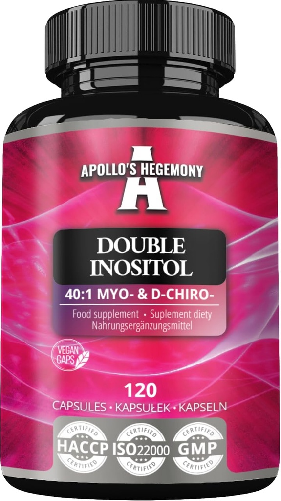 APOLLO 'S HEGEMONY Dvojitý Inositol 120 Vegan Kapsle - Myo- Inositol + D- Chiro- inositol v Optimální 40: 1 poměr - 615 mg na kapsli - 4 měsíce Dodávka - Vitamin B8 Dodatek