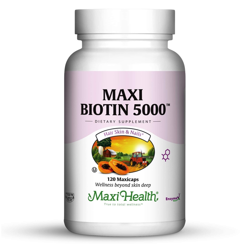Maxi Health Biotin 5000 mcg - Vlasové kůže a nehty Vitamíny pro ženy a muže - Vysoká potence vitamín B7 dodatek pro růst vlasů, silné nehty & Zdravá pleť - Kosher, Doktor capsulated - 120 Kapsle