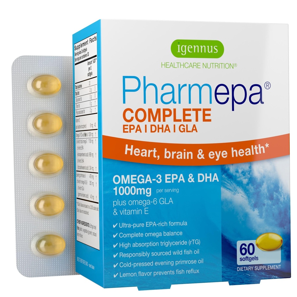 Igennus Pharmepa Kompletní EPA 668mg & DHA 334mg Omega33 Fatty Acids 1000mg, IFOS Certified, rTG Form, High Potency Fish Oil Plus Omega-6 & 9 from GLA Evening Primrose Oil, Lemon Flavor, 60 Softgels