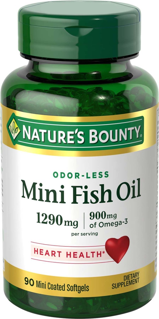 Příroda je Bounty Mini Fish Oil Softgels, Bezproblémový rybí olej Omega 3 doplňky, podporuje srdce zdraví, 90 Softgels (balení po 1)