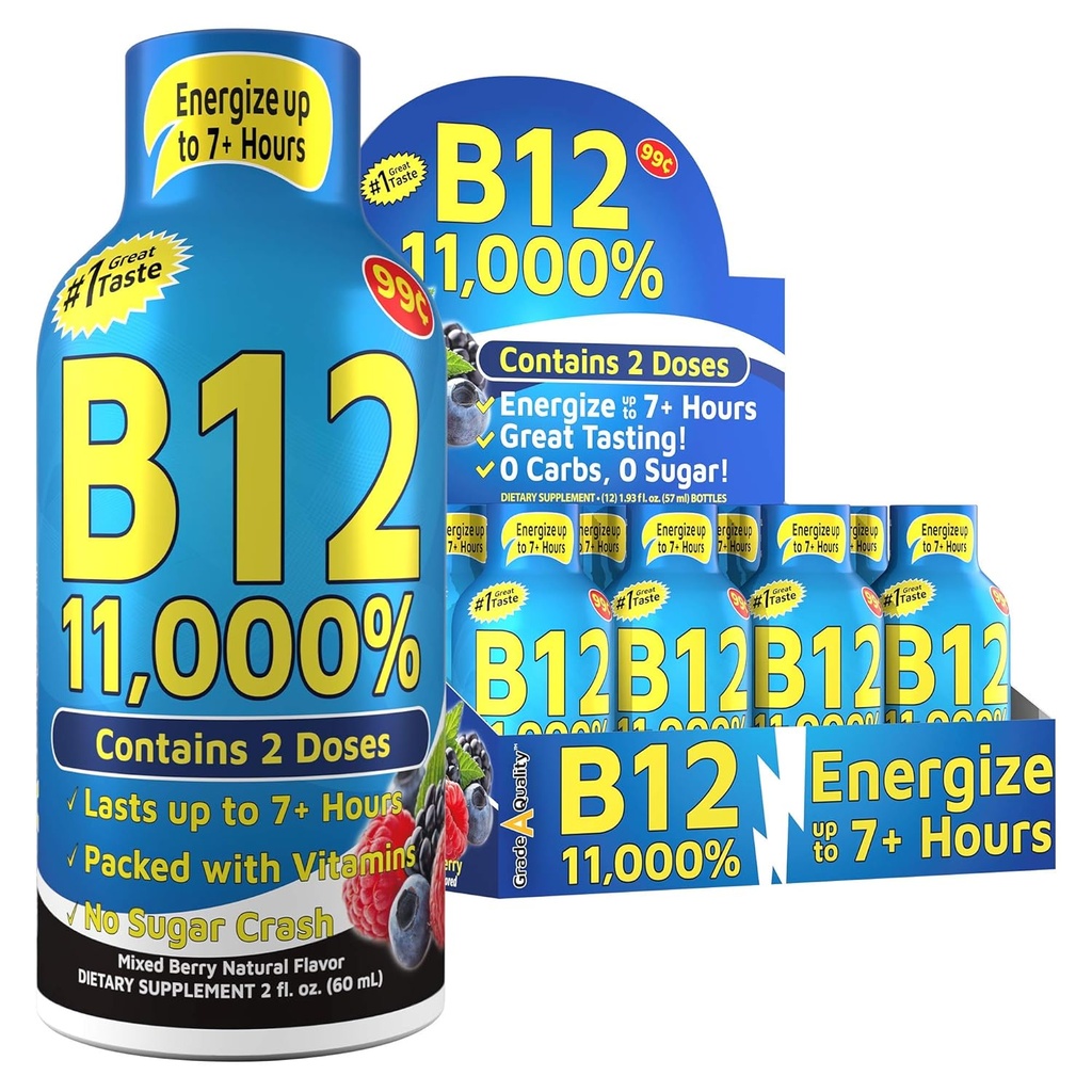 Vitamin Energy Shots, Mixed Berry Flavor, Až 7 + Hodiny energie, 1.93 Fl Oz, 12 Počet