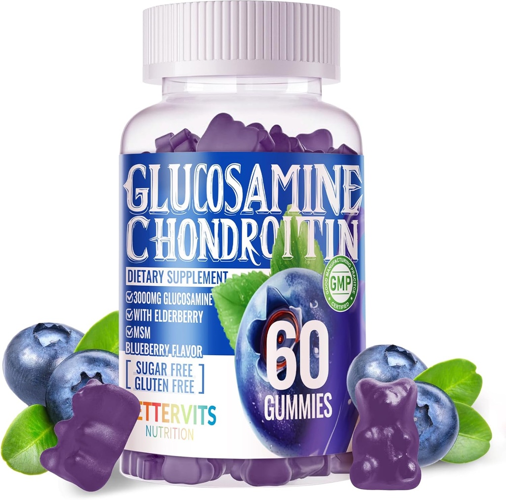 Glucosamine Chondroitin Gummies s MSM & Elderberry Extra Strength - Společná podpora, Antioxidační Imunitní Supplement pro dospělé, Muži & Women.60 Borůvkové gumy