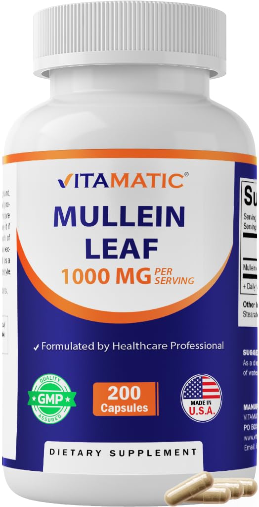 Vitamatic Mullein Leaf 1000mg per Serving - Podporuje zdravé dýchání, bronchiální a imunitní funkce - 200 Kapsle