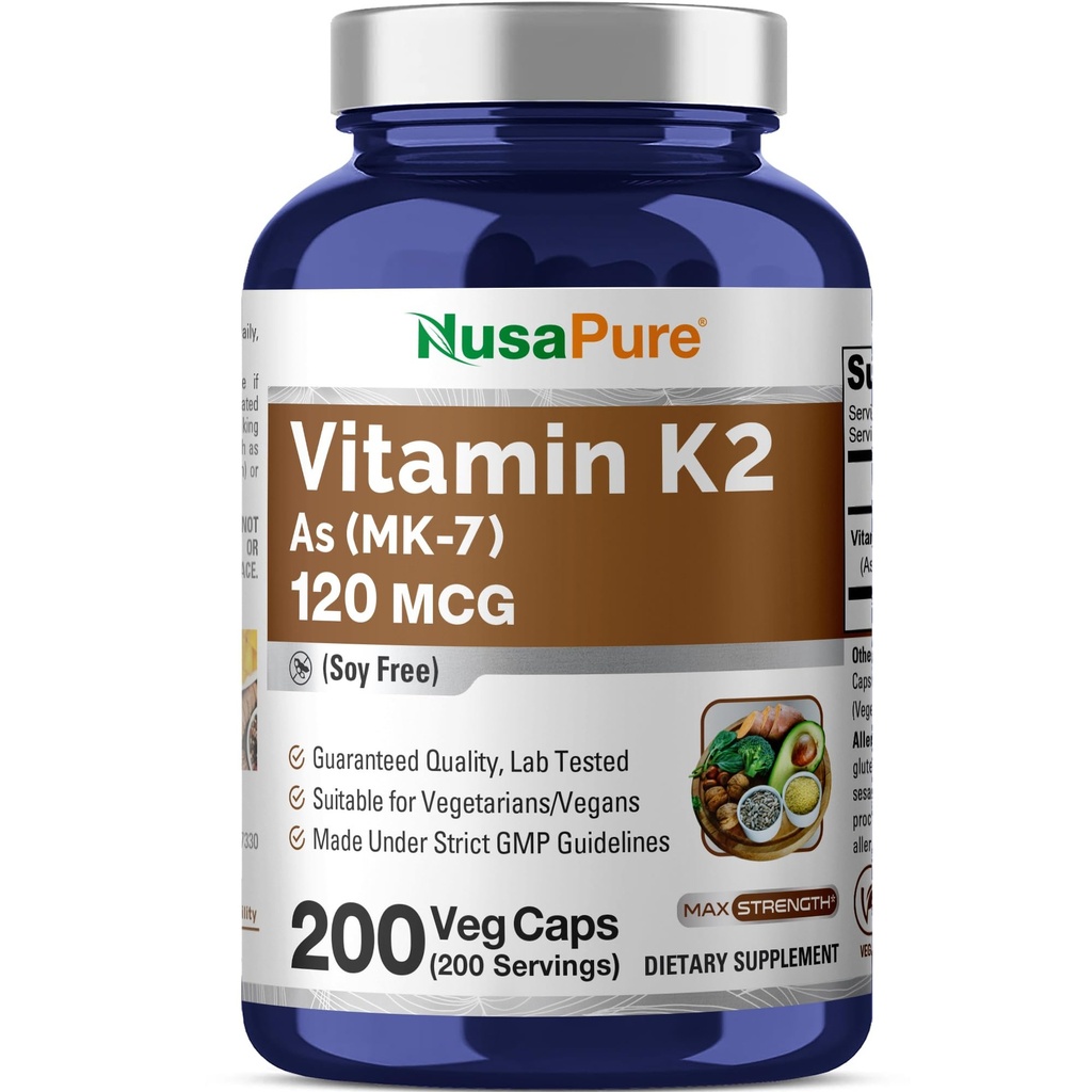 NusaPure Vitamin K2 MK7 120 mcg 200 Veggie Caps (Soy Free, Non- GMO, Vegan)