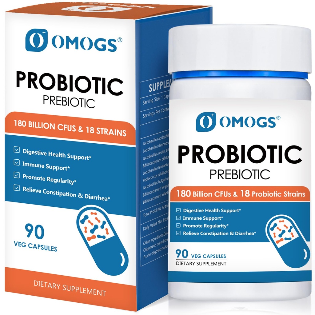 OMOGS Probiotika 120 Milionů CFU 18 Stravovacích, 3 Prebiotika a trávicí enzymy, Pomáhá trávicí, Gut zdraví, imunitní, podporuje příležitostné zácpy, Průjem & plyn - pro ženy a muže, 60 Kapsle
