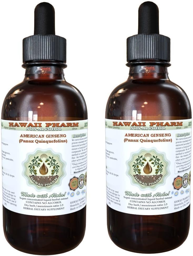 American Ginseng Alcohol- Free Liquid Extract, Ginseng (Panax Quincefolius) Sušený Root Glycerite Hawaii Pharm Natural Bylinný doplněk 2x4 oz