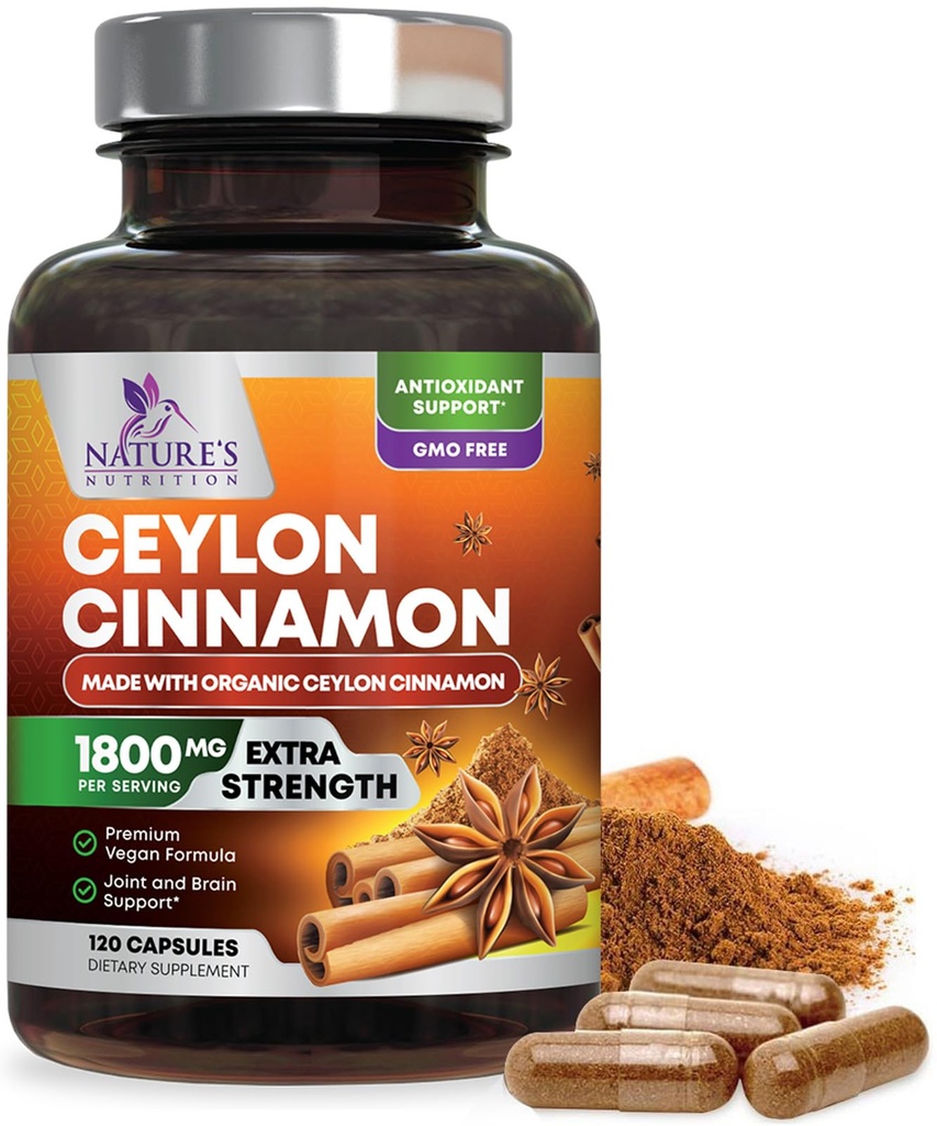 Organic Ceylon Skořice Dodatek 1800mg - Certified Organic Ceylon Skořice Powder Pills - Energy & Heart Support for Women & Men, Lahvička v USA, Antioxidant, Gluten Free, Non- GMO - 120 Kapsle