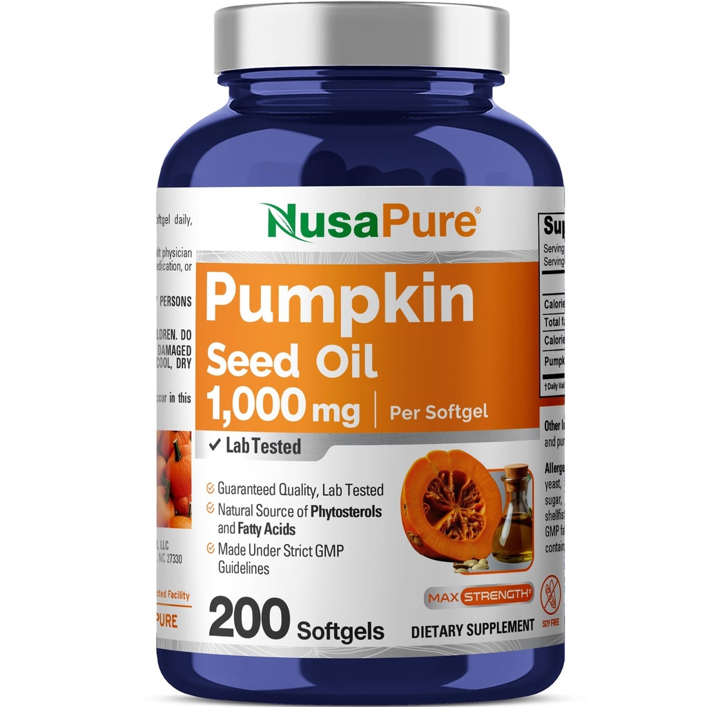 NusaPure Dýňový olej 1000mg 200 Softgel Kapsle (Non- GMO, Soyfree) Přirozeně okurkující fytosteroly