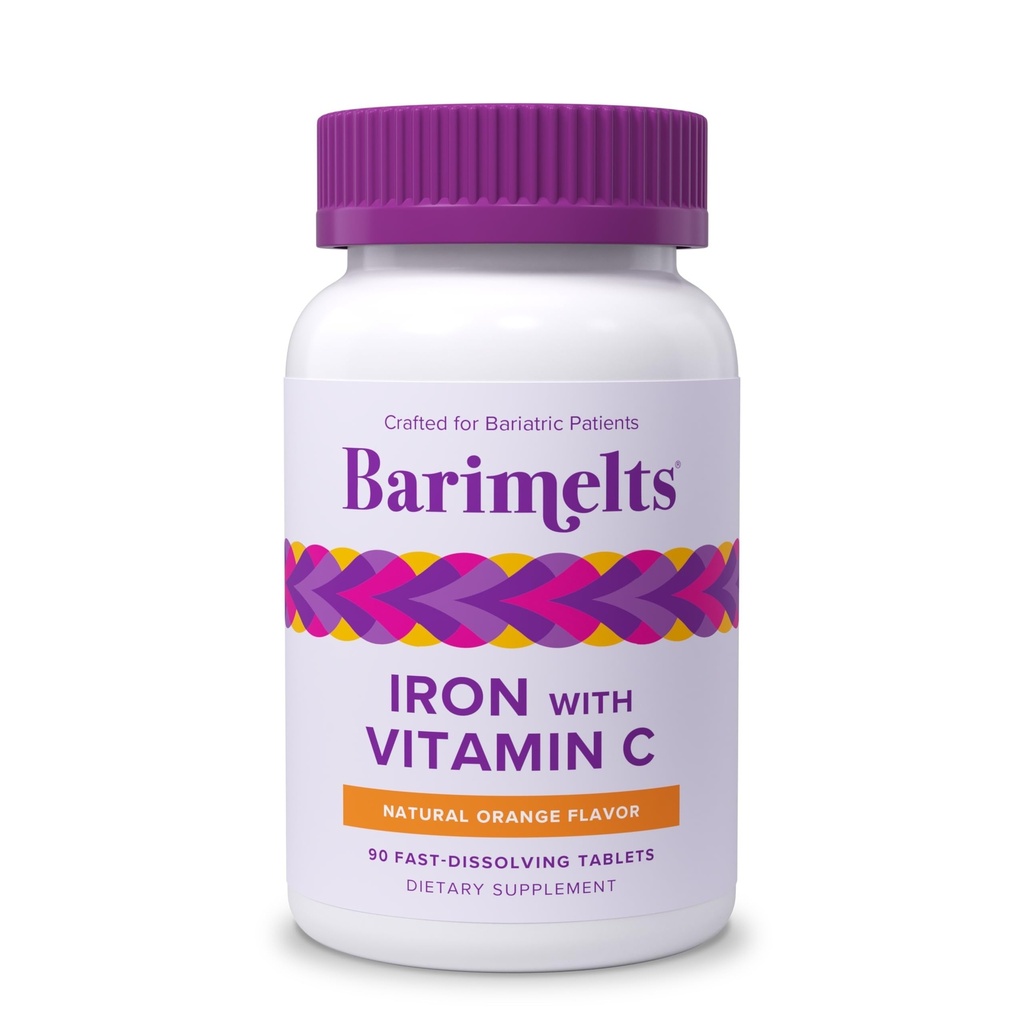 Barimelts Železo s vitaminem C, 90 Fast- Diseling Tablety (1- Month Supply), Sugar- zdarma Bariatric doplněk železa pro ženy, Přírodní Orange Flavor