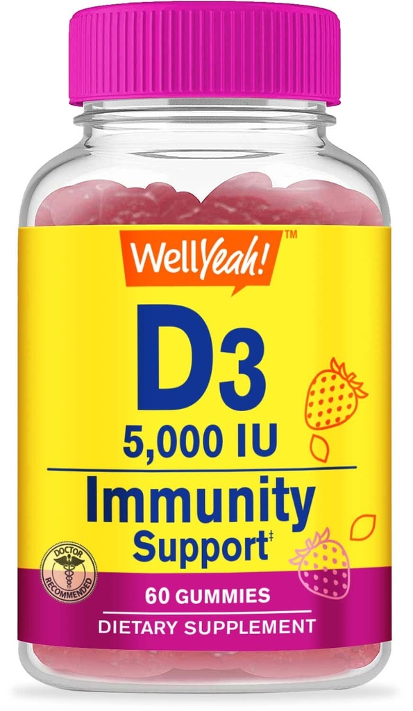 WellYeah Vitamin D3 5000 IU (125 mcg) Extra Streght Gummies -for Bone Health, Imunite Booster, Bone and Zuby Support -Non GMO, Gluten Free, Nut Free, Vegetarian -Strawberry Flavor -60 Gummies