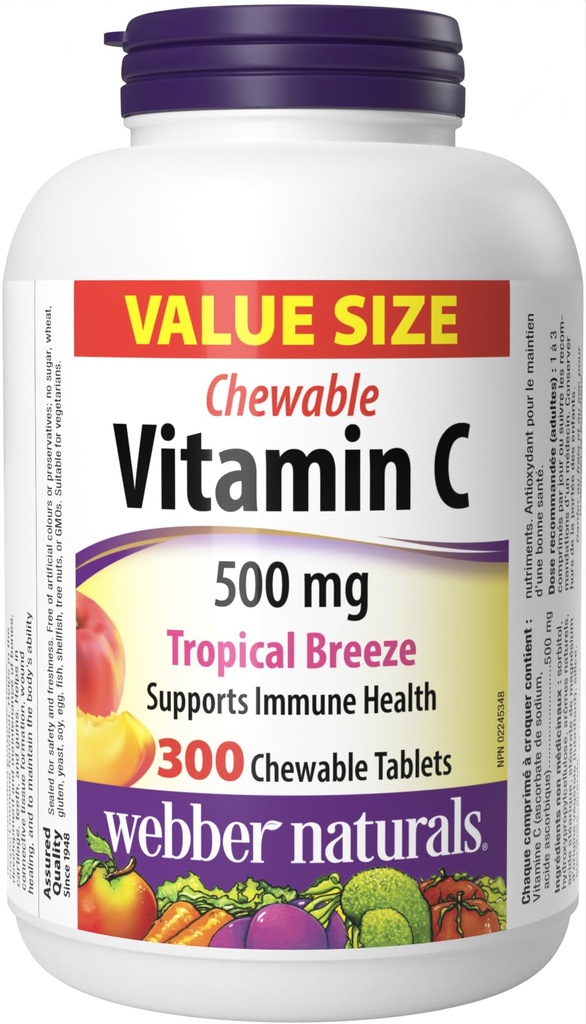 Webber Naturals Vitamin C, 300 Žvýkací tropické Breeze Flavor tablety, 500 mg vitaminu C per Tablet, kosti, zuby, imunitní a antioxidant podpora, Non GMO, mlékárenský a gluten zdarma