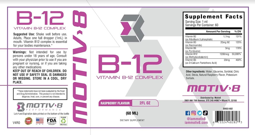 Motiv-8 Essentials Vitamin B-12 Kapky, Sublingvální, Snadno se vzít tekutý doplněk, podporuje zdraví očí, Mozková energie, Nervový systém, Kognition & Paměť (60 Servings, Malina)