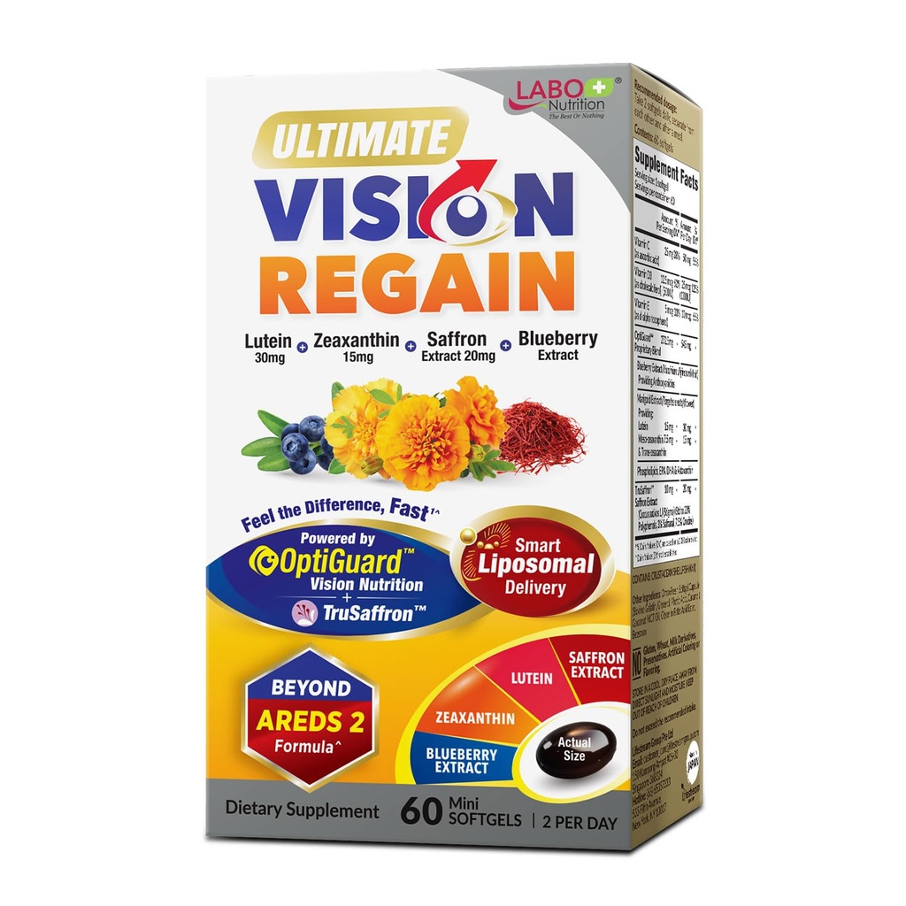 LABO Nutrition Ultimate VisionREGAIN, Eye Vitamin Beyond AREDS 2 Formule s Lutein, Zeaxanthin, Saffron Extract, Blueberry pro makulární a retinální zdraví, Oční únava, Noční vize Podpora 60 Počítá