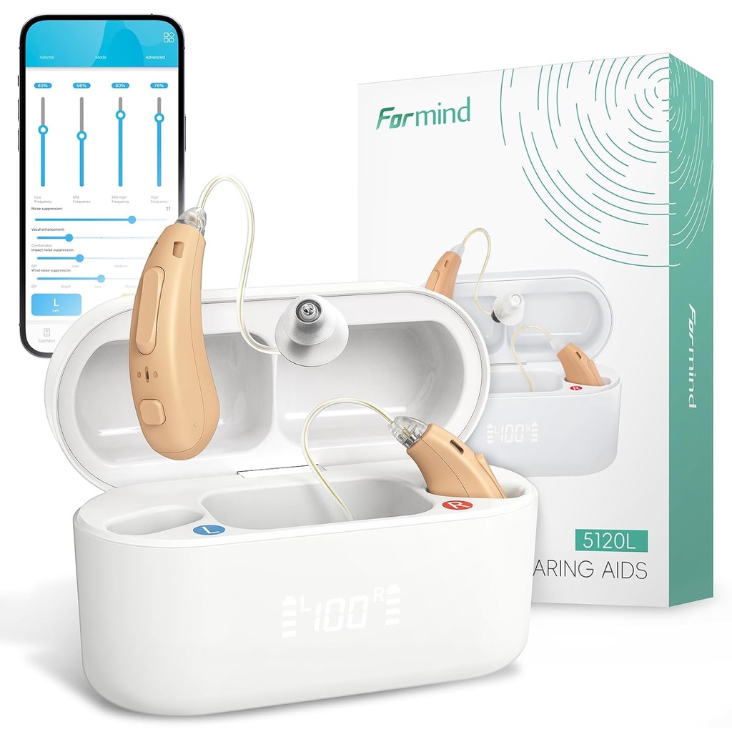 Formind Dobíjecí naslouchací pomůcky pro seniory - Advanced receiver- in- Canal (RIC) Design, 16-Channel Digital Sound, Noise-Cancelling, 2-Hodina Rychlý náboj za 60- hodinový použití, Superior Sound Quality