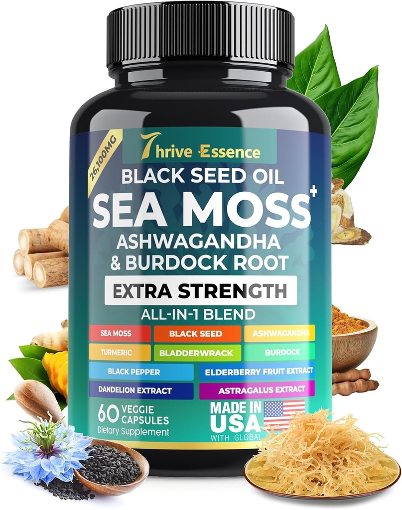 Sea Moss Extract, Black Seed Oil, Ashwagandha, Turmeric & More - 10- in-1 Bylinný dodatek s Black Pepper & Elderberry - 60 Kapsle